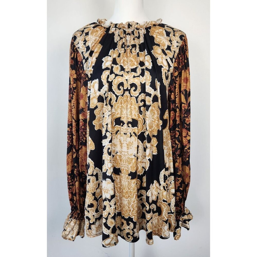 Free People Rhythm In The Night Black Gold Brown Floral Print Tunic, Med, Boho